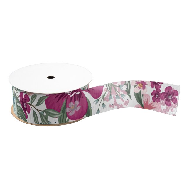 1.5" Grosgrain Ribbon Tropical Flowers on White (Spool)