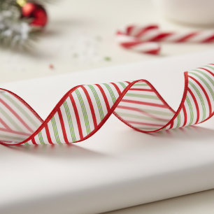1.5" Red and Green Candy Cane Striped Xmas Pattern Grosgrain Ribbon