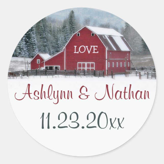1.5" Red Barn in Winter Wedding Favour Sticker (Front)