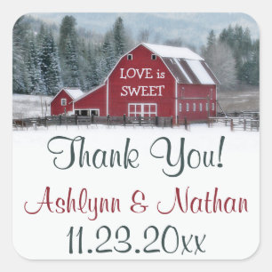 1.5" Red Barn in Winter Wedding Favour Thank You Square Sticker