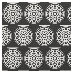 1.5" White Fly Fishing Reel Art on Black Fabric