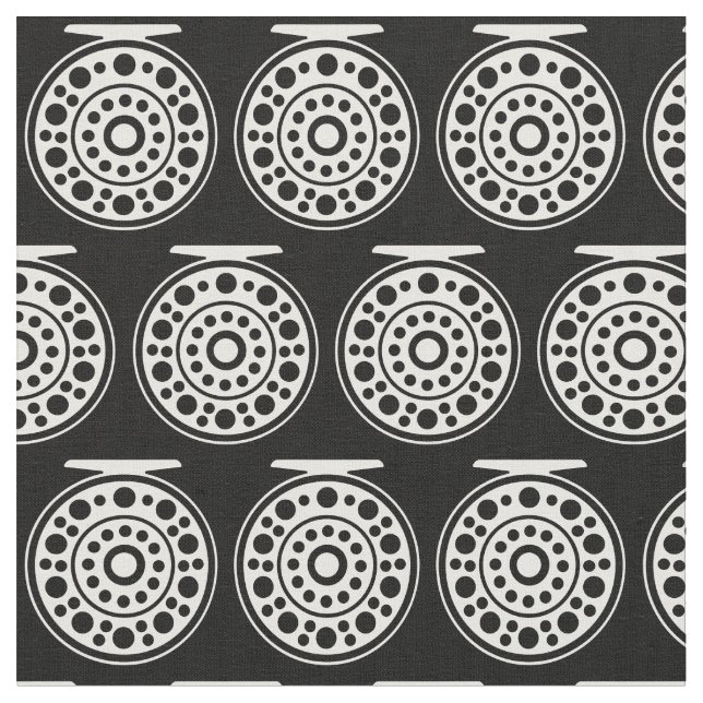 1.5" White Fly Fishing Reel Art on Black Fabric (Close Up)