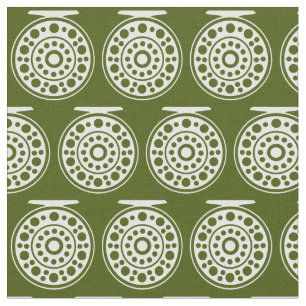 1.5" White Fly Fishing Reel Art on Green Fabric