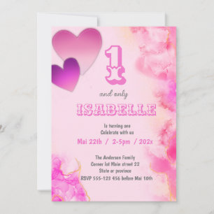 1 and only pink hearts and floating ink birthday invitation