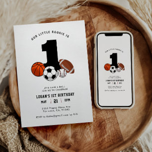 1 Ball Sports Theme Boy’s 1st Birthday Invitation