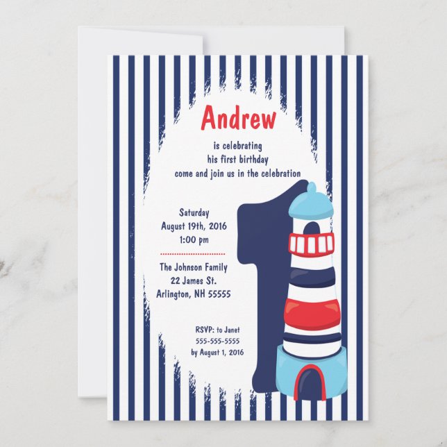 #1 Boy Lighthouse Birthday Invitation (Front)