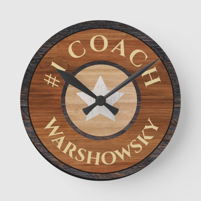 #1 Coach Rustic Brown Wood Star  Round Clock (Front)