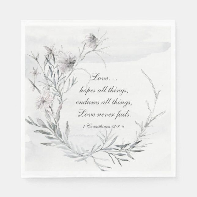 1 Corinthians 13:13 Elegant Grey Floral Watercolor Napkin (Front)