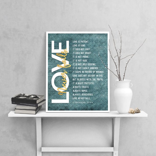 1 Corinthians 13:4-8 Bible Verse, Vintage Blue Poster (Creator Uploaded)