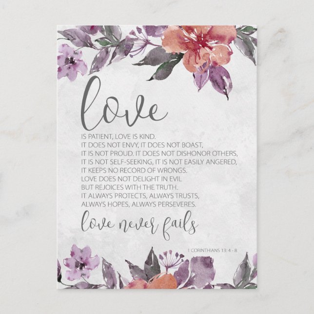 1 Corinthians 13:4-8 Floral Bible Verse Wedding Postcard (Front)