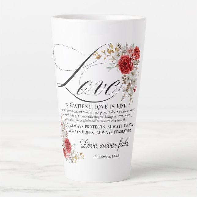 1 Corinthians 13:4-8 Love is Patient Bible Floral Latte Mug (Front)