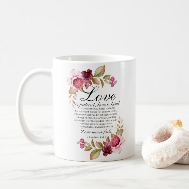 1 Corinthians 13:4-8 Love is Patient Floral Bible Coffee Mug (With Donut)
