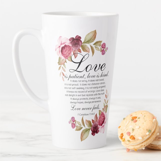 1 Corinthians 13:4-8 Love is Patient Floral Bible Latte Mug (In Situ)