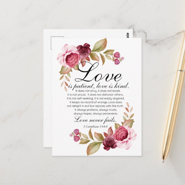 1 Corinthians 13:4-8 Love is Patient Floral Bible Postcard (Front/Back In Situ)