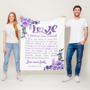 1 Corinthians 13:4-8 Love is Patient Purple Floral Fleece Blanket