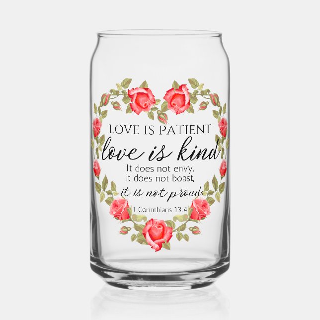 1 Corinthians 13:4 Love is Patient Floral Heart Can Glass