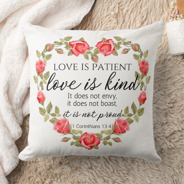 1 Corinthians 13:4 Love is Patient Floral Heart Cushion (Blanket)