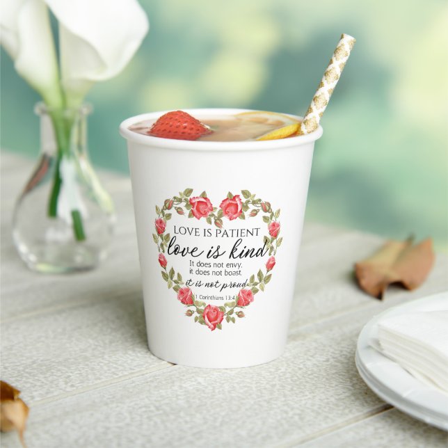 1 Corinthians 13:4 Love is Patient Floral Heart Paper Cups (Insitu)