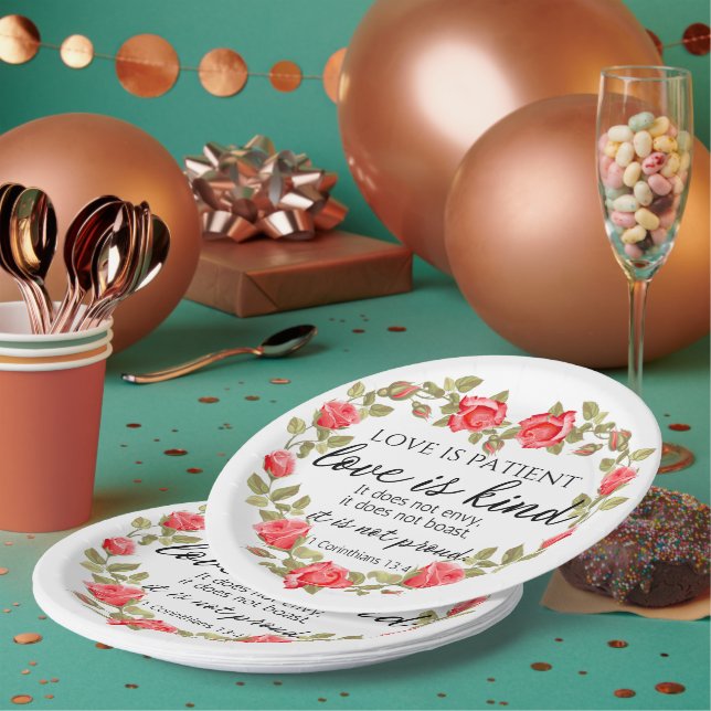 1 Corinthians 13:4 Love is Patient Floral Heart Paper Plate (Multi)