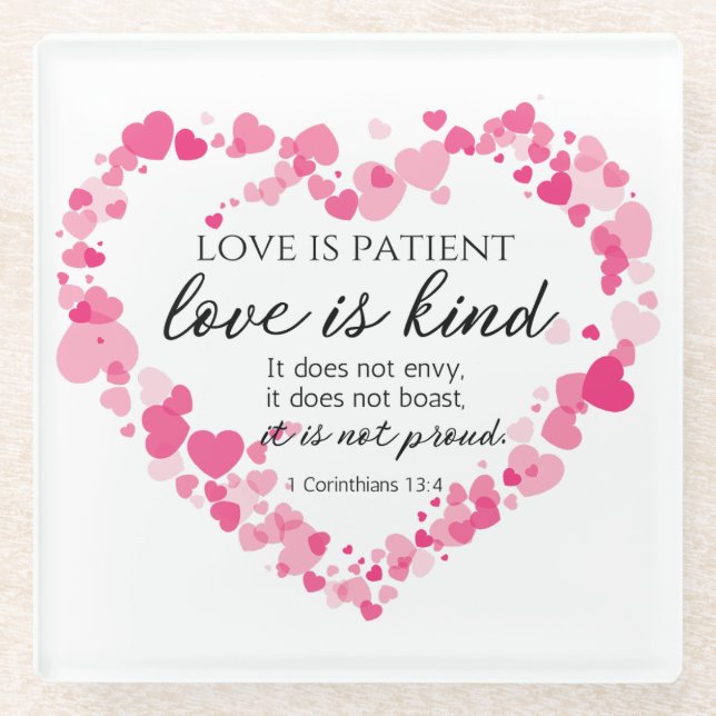 1 Corinthians 13:4 Love is Patient Pink Hearts Glass Coaster (Front)