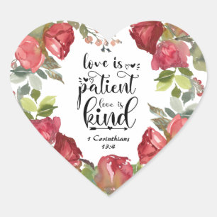 1 Corinthians 13:4 Love is Patient Red Roses Heart Sticker