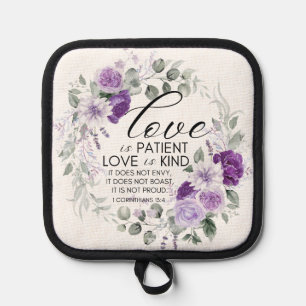 1 Corinthians 13:4 Love is Patient Violet Floral Pot Holder