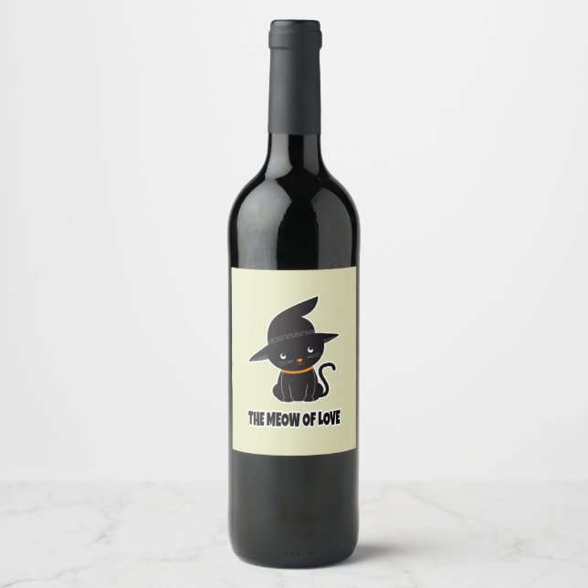 1.cute beautiful black cat meow of love   wine label (Front)