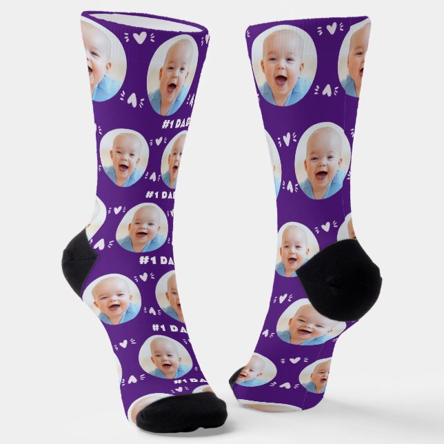 #1 Dad Baby or Child Photo Purple Father's Day Socks (Angled)