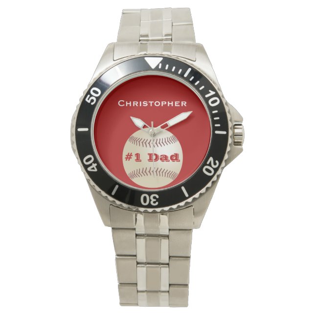 #1 Dad, Name, Red, Baseball Wrist Watch (Front)