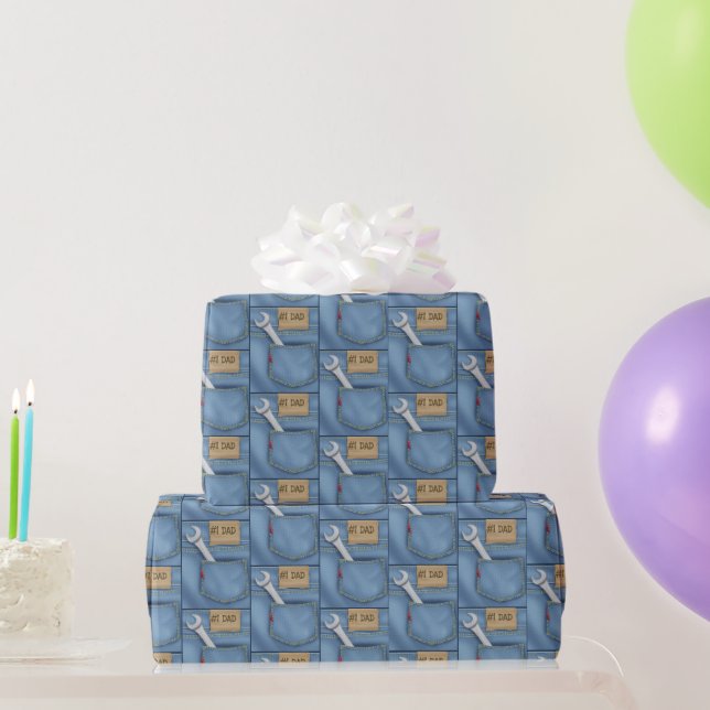 #1 Dad Wrench In Jean Pocket Wrapping Paper (Party Gifts)