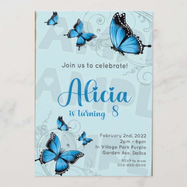 1 DIGITAL JPEG Blue Butterfly Birthday Invitations (Front)