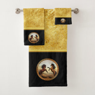 1 gold frame horses bath towel set