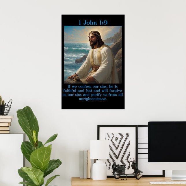 1 John 1:9 with a old boat in the calm ocean Poster (Home Office)