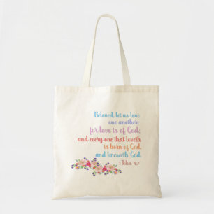 1 John 4:7 Bible Verse Rainbow Text Tote Bag