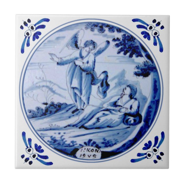 1: Kings:19 Angel Awakens Elijah Blue Delft Repro Ceramic Tile (Front)
