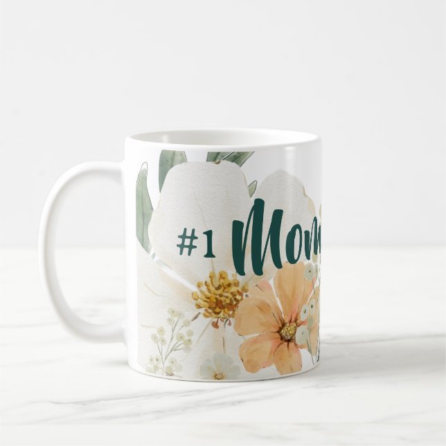 #1 Mom Mothers Day Mug.  Elegant Spring Floral Coffee Mug (Left)