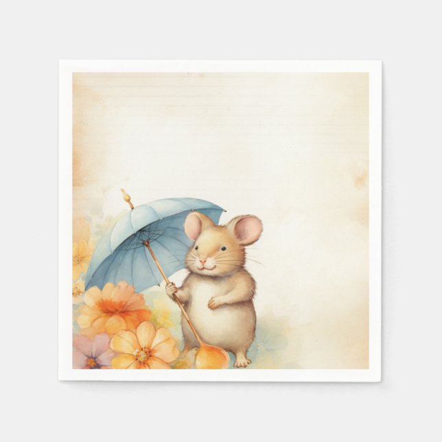 1 Mouse with blue umbrella orange pink flowers Napkin (Front)