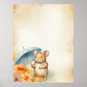 1 Mouse with blue umbrella orange pink flowers Poster