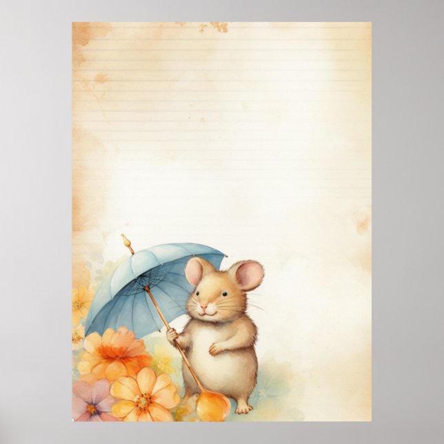 1 Mouse with blue umbrella orange pink flowers Poster (Front)
