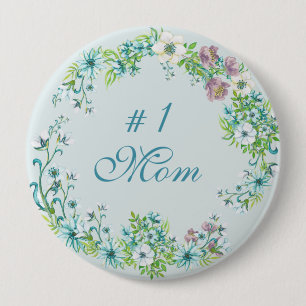 #1 Mum - Blue and Purple Watercolor Flowers 10 Cm Round Badge