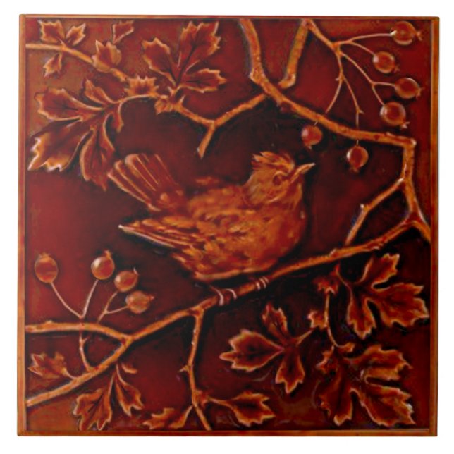 1 of 2 Repro Minton Birds Faux Relief Majolica Ceramic Tile (Front)