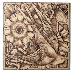 1 of Pair 1880 Craven Dunnill Bird & Rose Repro Ceramic Tile