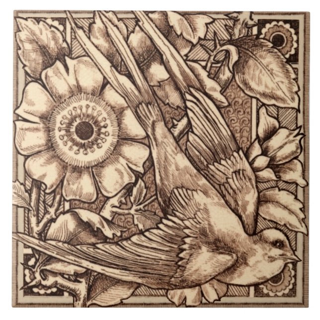 1 of Pair 1880 Craven Dunnill Bird & Rose Repro Ceramic Tile (Front)