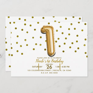 1 One Gold Balloon & Confetti 1st Birthday Party Invitation