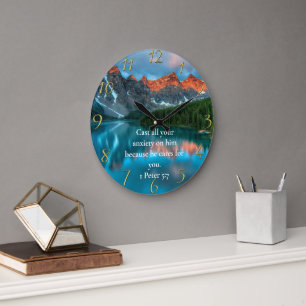 1 Peter 5:7 beautiful moutain lake view Large Clock