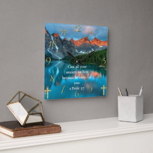 1 Peter 5:7 beautiful moutain lake view  Square Wall Clock