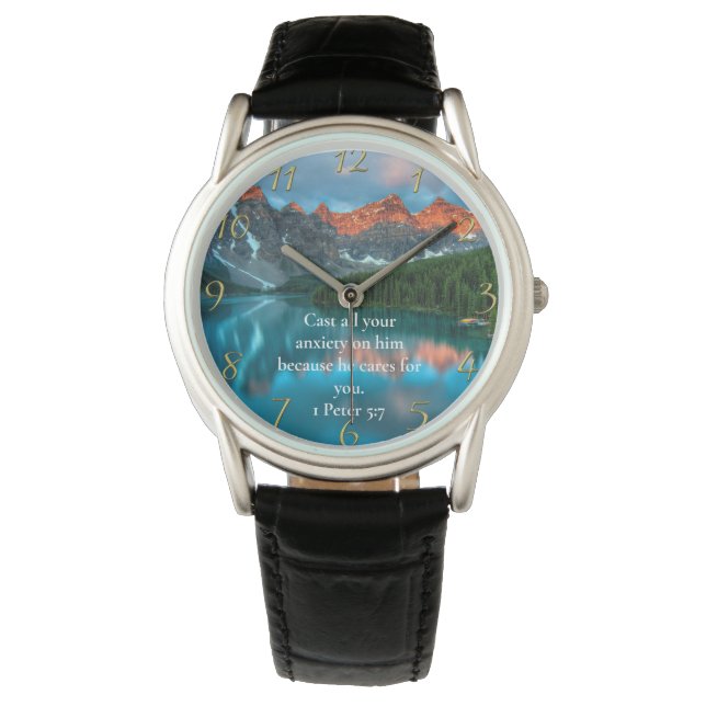 1 Peter 5:7 beautiful moutain lake view   Watch (Front)