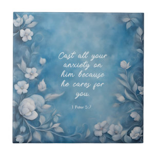 1 Peter 5:7 “Cast All Your Anxiety” Blue Floral Ceramic Tile