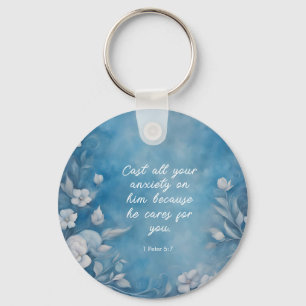 1 Peter 5:7 “Cast All Your Anxiety” Blue Floral Key Ring