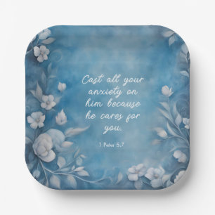 1 Peter 5:7 “Cast All Your Anxiety” Blue Floral Paper Plate